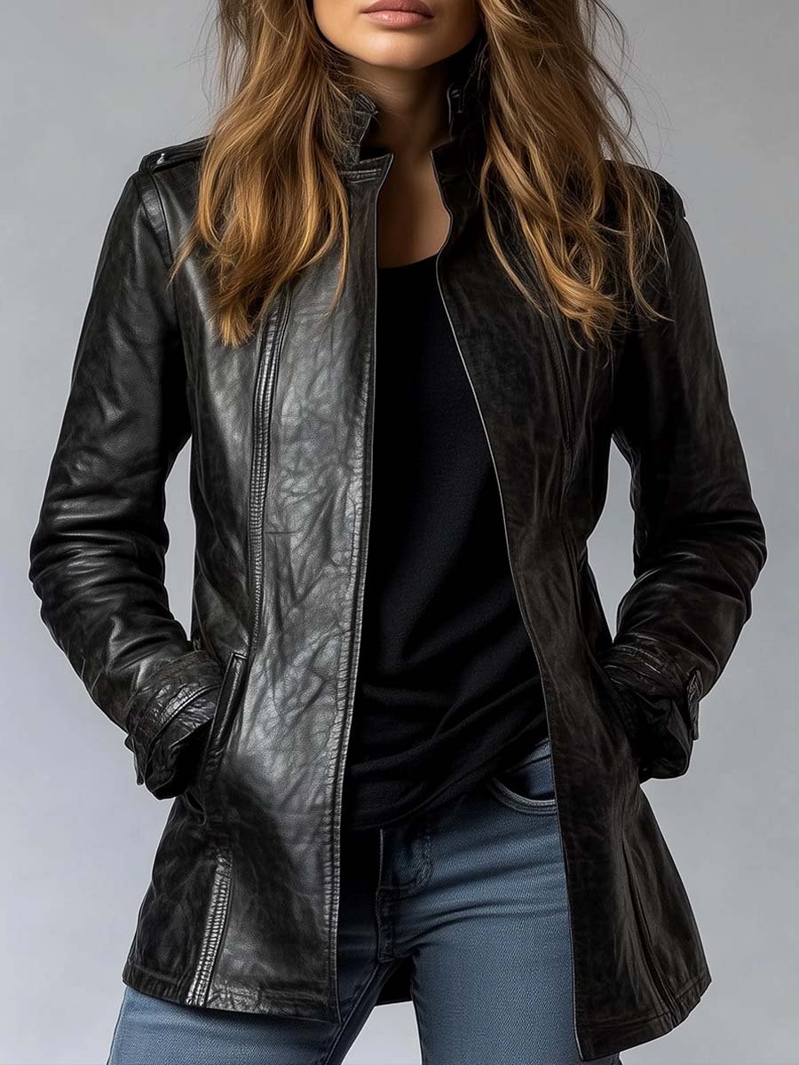 Cecile | Vintage Stand Collar Leather Jacket