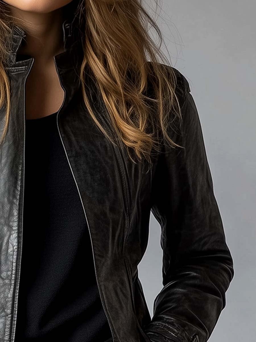 Cecile | Vintage Stand Collar Leather Jacket