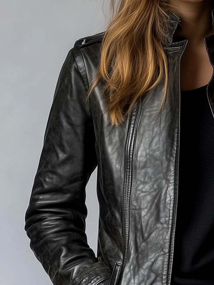 Cecile | Vintage Stand Collar Leather Jacket